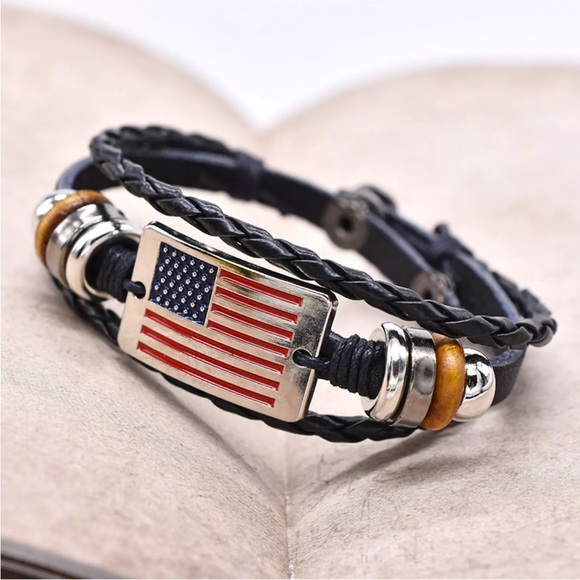 Vintage American Flag Snap Buckle Braided Leather Bracelet Red White Blue SALE - Picture 2 of 14